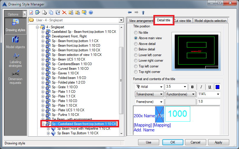 How to configure a single part drawing style for a castellated/cellular beam?