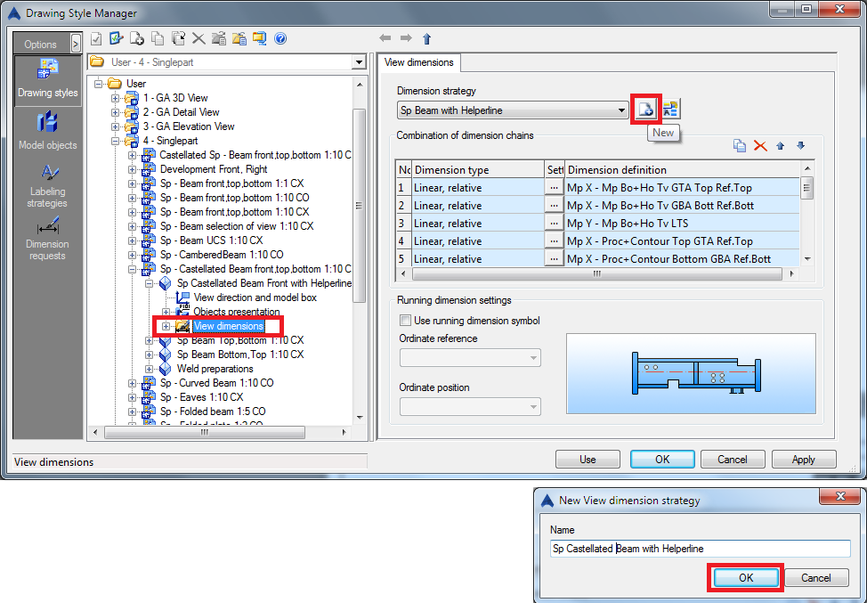 How to configure a single part drawing style for a castellated/cellular beam?