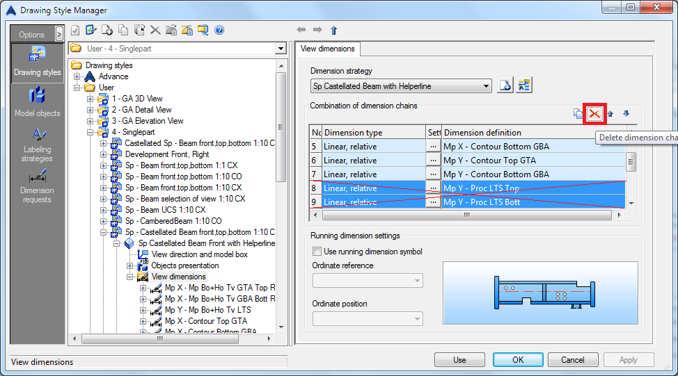 How to configure a single part drawing style for a castellated/cellular beam?